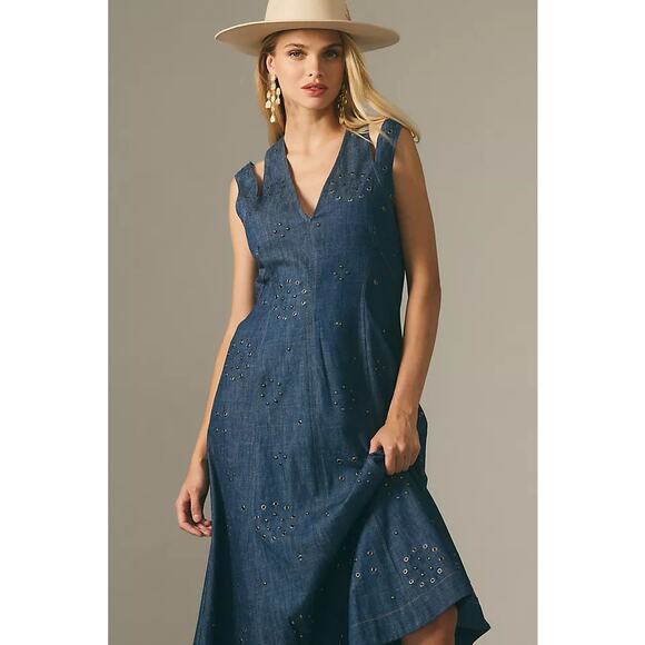 BY ANTHROPOLOGIE Grommet Denim Midi Dress Western Rodeo Flare Studded Size 4P - Picture 1 of 12